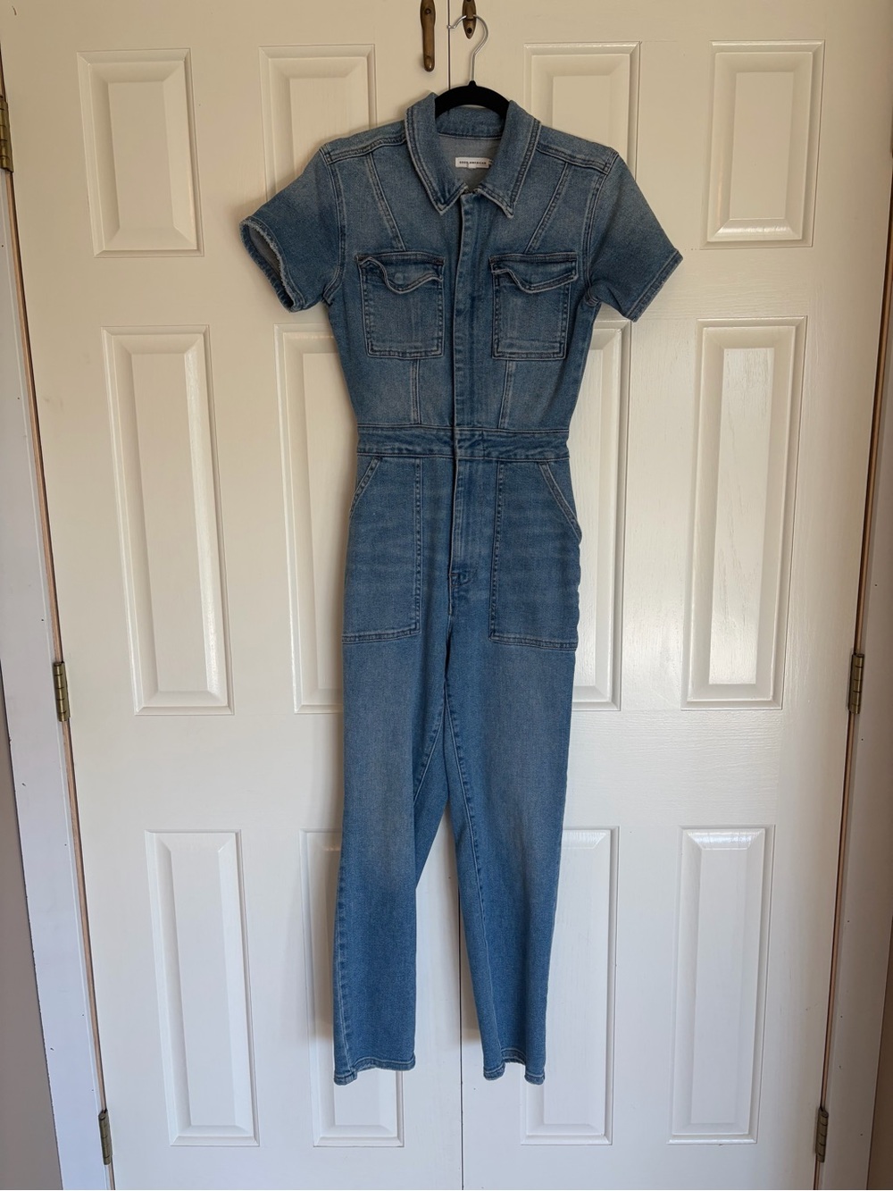 Good American Light Blue Denim Short Sleeve Jumpsuit